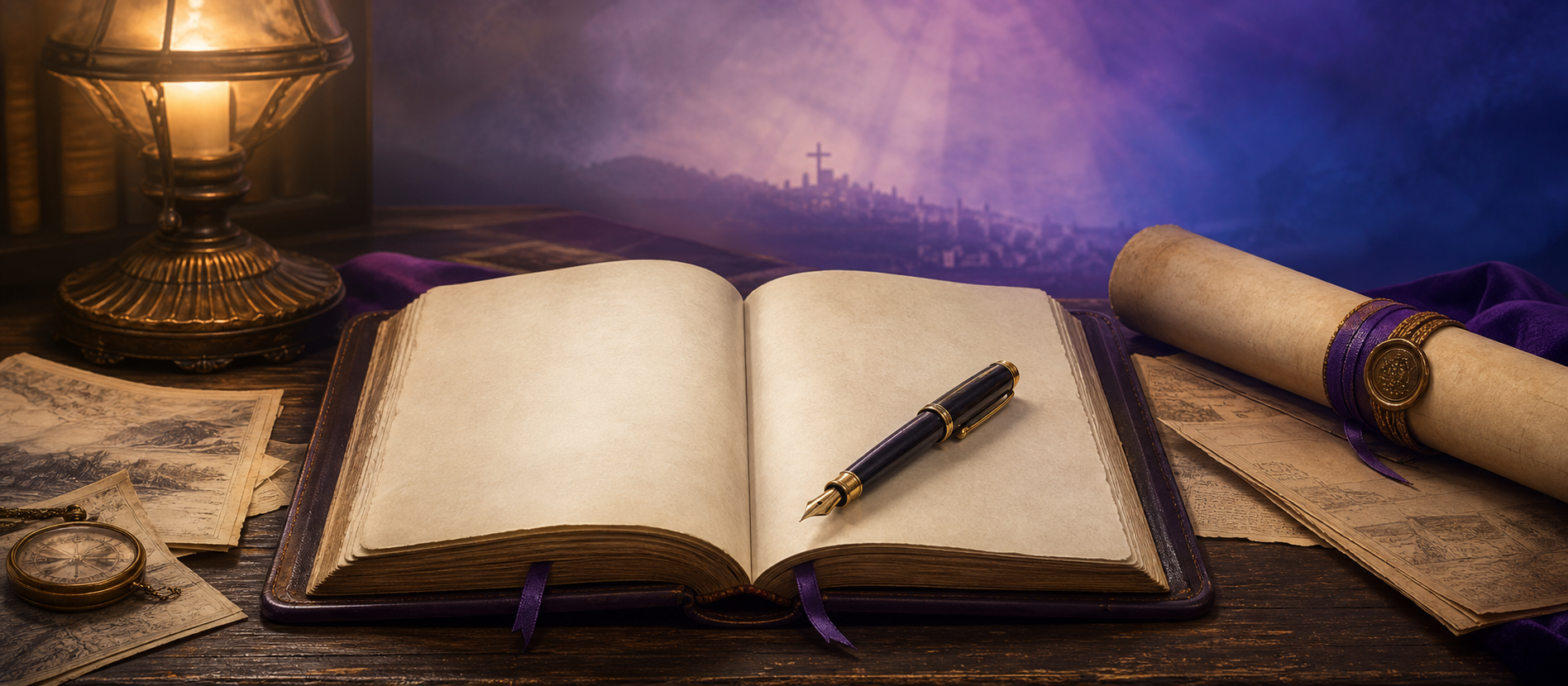 An open journal, fountain pen, parchment and lamp on a writing desk