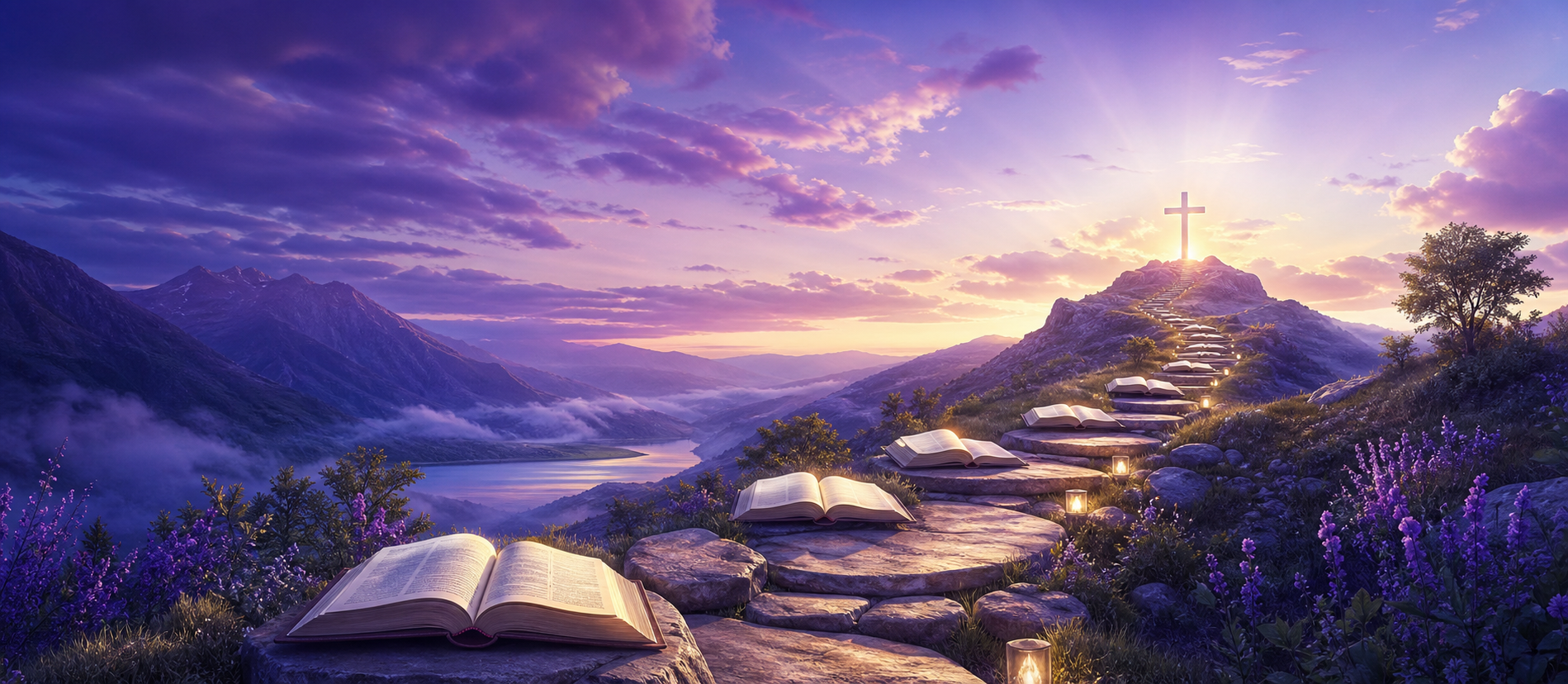 A pathway of books leading toward a cross on the horizon