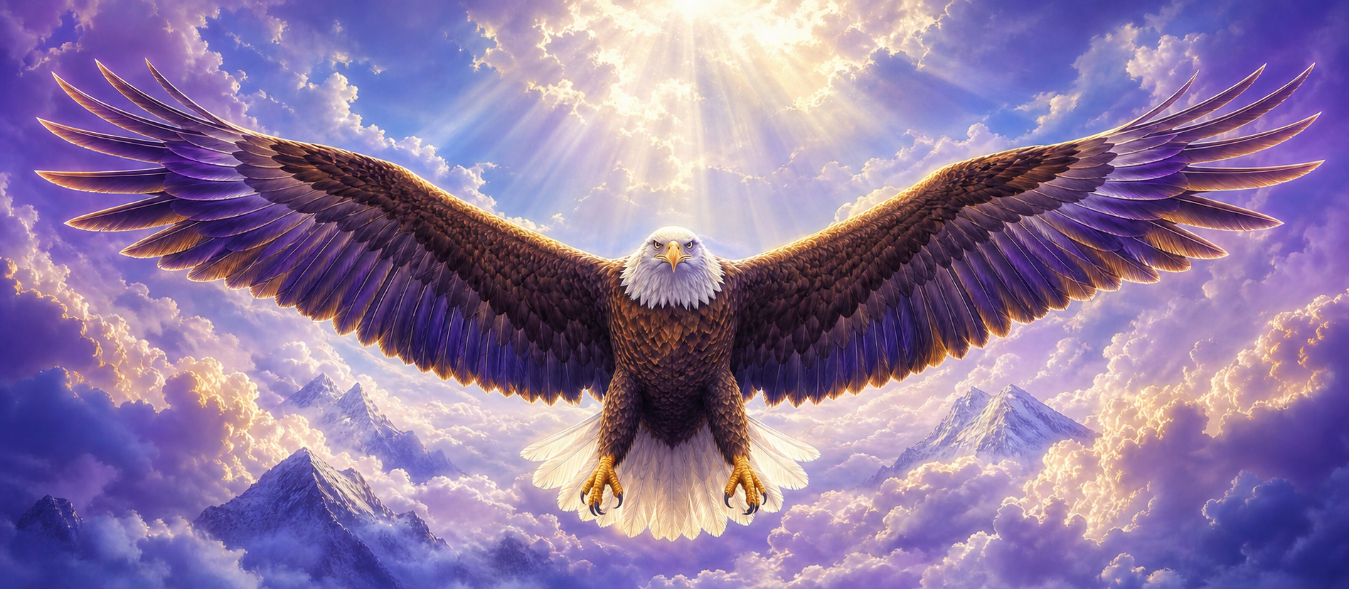 An eagle soaring with its wings spread across a radiant sky