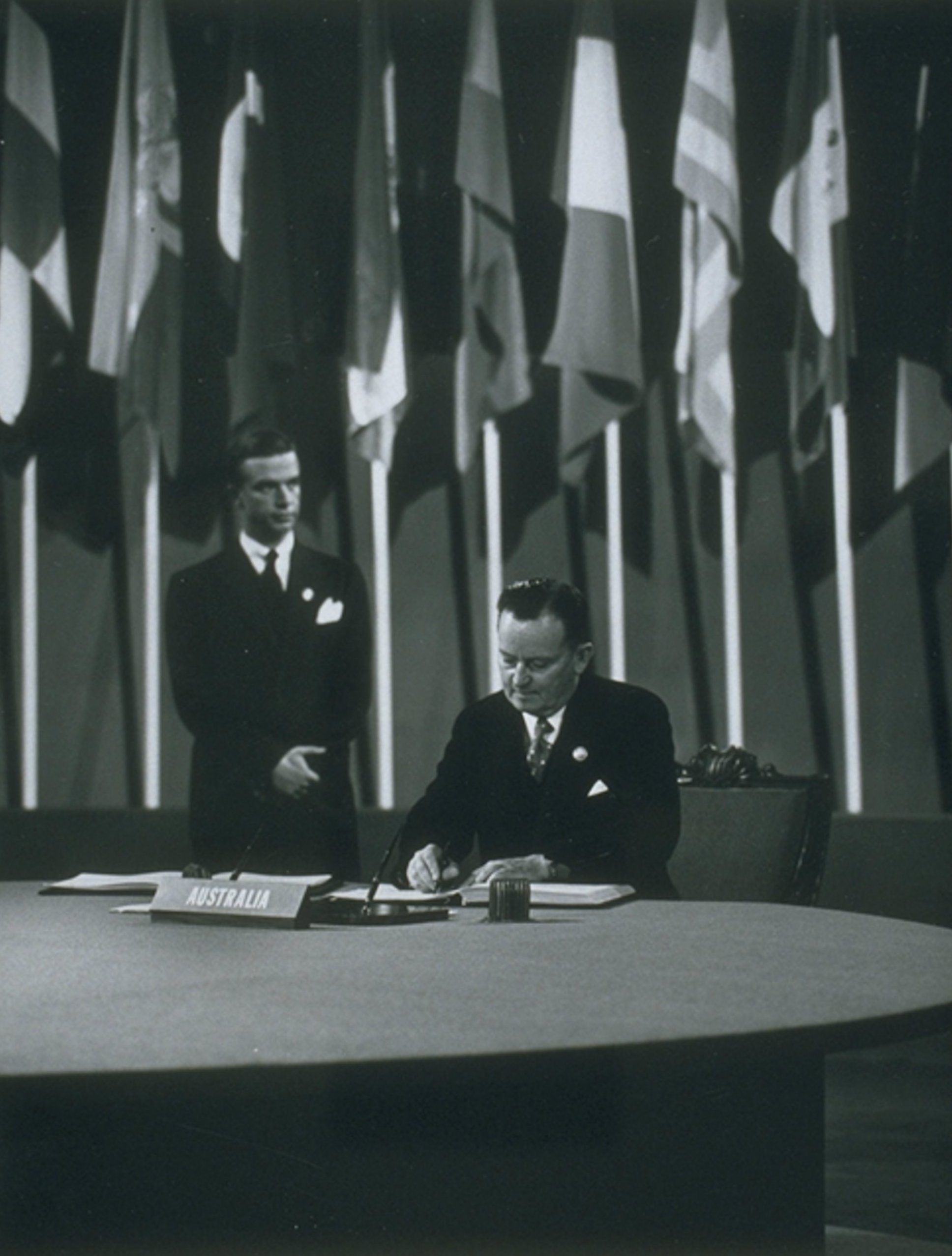 Australian deputy prime minister Frank Forde signing the United Nations Charter in 1945
